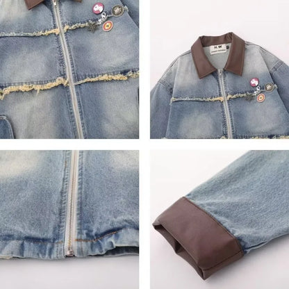 burr edge vintage mens denim jacket spring american patchwork lapel washed cowboy coats loose harajuku couple outwear new unique jeans style 2219
