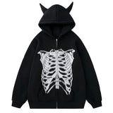 Men Zipper Hoodies Devil Horn Fleece Sweatshirt Skeleton Bone Print Coat Harajuku Loose Hip Hop Streetwear Unisex Street King Limited