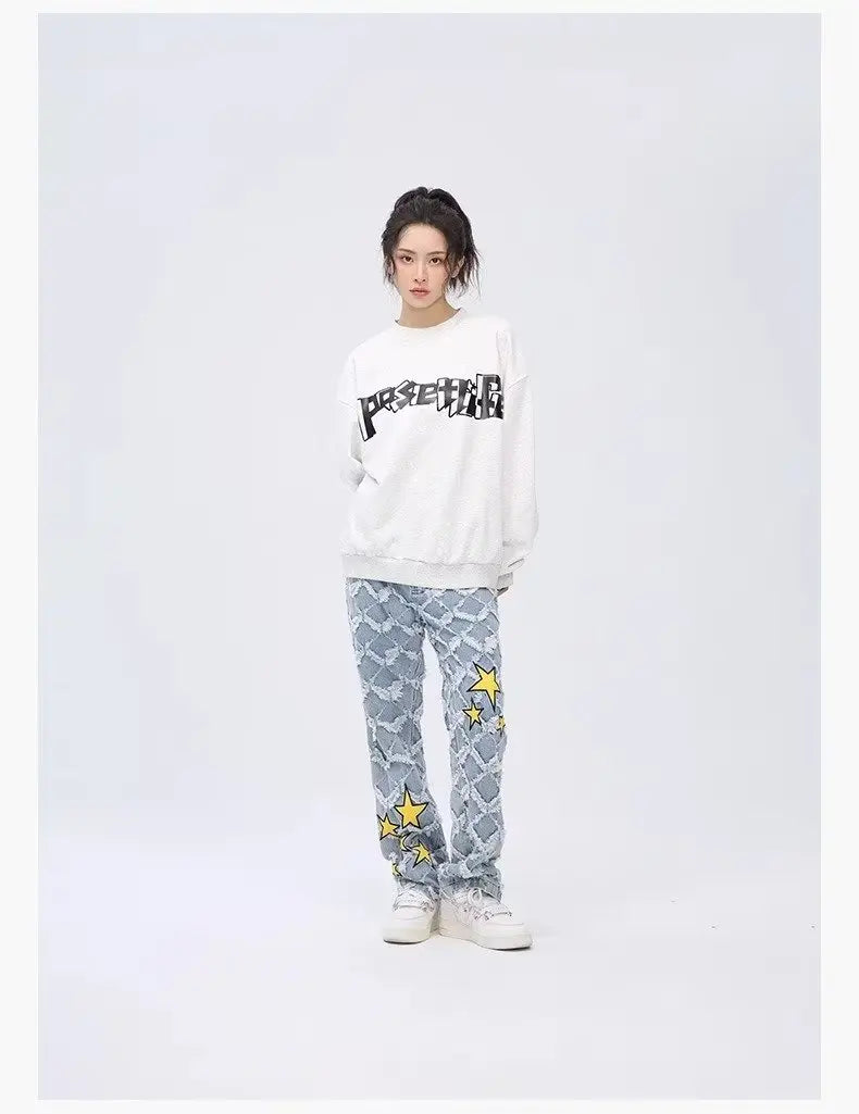 Y2K Star Embroidery Plaid Stacked Jeans Pants for Men Straight Women Hip Hop Denim Trousers Pantalon Homme Street Raw Edge Pant Street King Limited