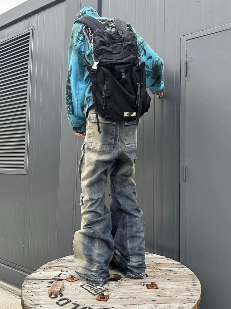 fashion denim baggy cargo jean pants men hip hop elastic waist wide legs retro washed jeans side pocket streetwear jeans joggers unique joggers style 3482