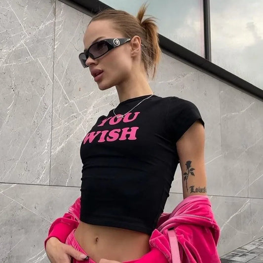 Aesthetic Fashion 2000S Cute Pink Letter Print Black Baby Tee Y2K Clothes Streetwear Vintage Short Sleeve Crop Top Women T-shirt Street King Limited