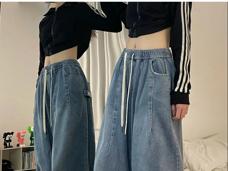 american retro trend personalized elastic band straight leg jeans for men and women loose and wide leg floor length casual pants denim street jeans