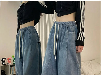american retro trend personalized elastic band straight leg jeans for men and women loose and wide leg floor length casual pants denim street jeans