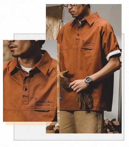 American Vintage Short-Sleeved T-Shirt Men's Summer Vintage Workwear Polo Shirt Loose And Versatile Five-Quarter Sleeve Top Street King Limited