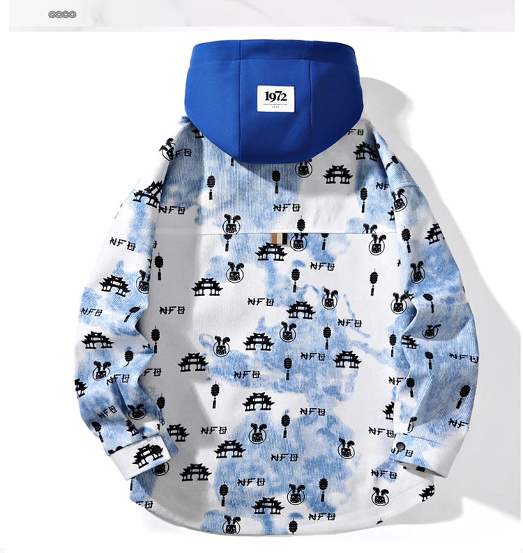 full print jackets for men spring autumn new colour clash hooded coat chest pockets design y2k jackets large size hip hop unique default style 5859