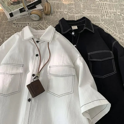 Retro trendy and personalized unisex style short sleeved men and women summer Korean street loose lapel couple work top y2k Street King Limited
