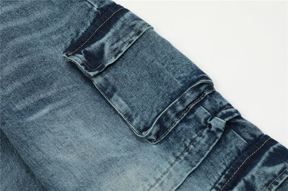 vintage multi pocket jeans mens harajuku cargo denim pants retro hip hop straight loose jean pants men clothing unique cargo style 593