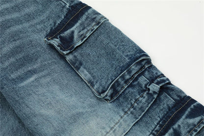 vintage multi pocket jeans mens harajuku cargo denim pants retro hip hop straight loose jean pants men clothing unique cargo style 593