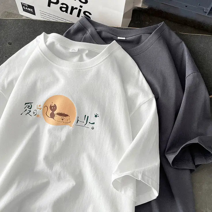Korean style fun cat print men short-sleeved T-shirt new lazy style y2k simple casual versatile salt loose half-sleeved T-shirt Street King Limited