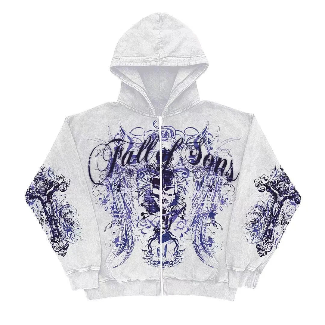 Retro Fashion Gothic Skull Bone Print Oversized Hoodie women Y2K Street Hip Hop Versatile Slim Casual Sweater Clothes Street King Limited