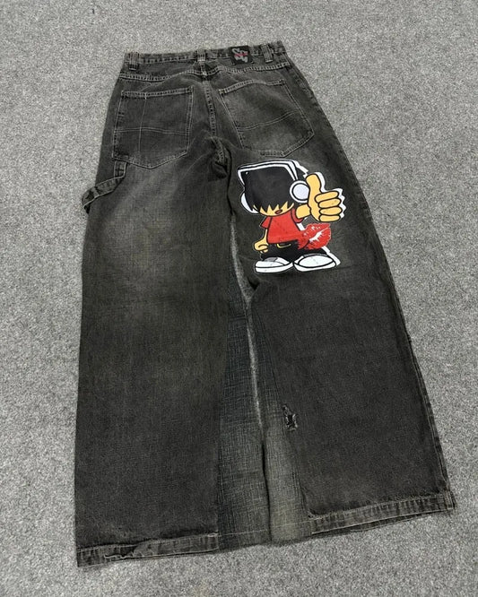 Y2K Harajuku Retro Washed Baggy Jeans Street Hip-hop Anime Printed Wide Pattern Straight Pants Men Trendy Brand Casual Trousers Street King Limited