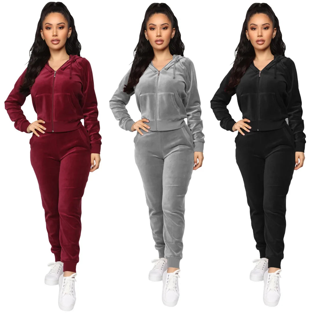 Women's Velvet Hooded Zipper Sweater Elastic Waist Trousers Two-piece Set Fashion Personality Trend Clothing Two-piece Slim Suit Street King Limited