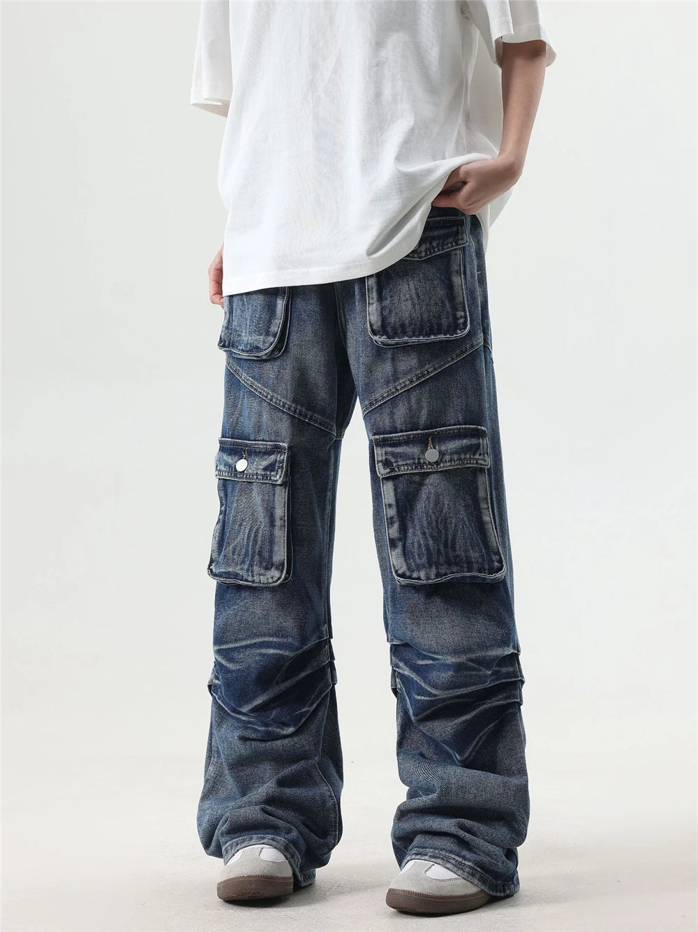 2024 multi pocket jeans vintage mens harajuku cargo denim pants retro hip hop straight loose jean pants 1 unique cargo style 233