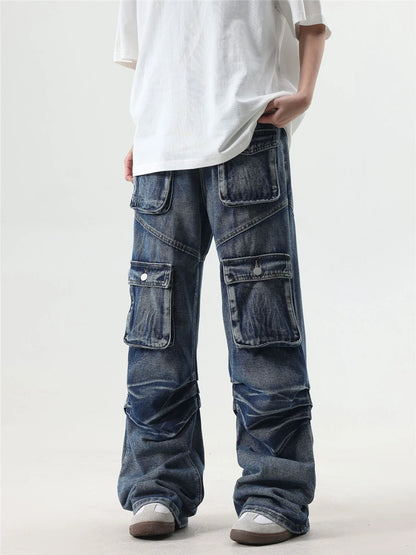 2024 multi pocket jeans vintage mens harajuku cargo denim pants retro hip hop straight loose jean pants 1 unique cargo style 233