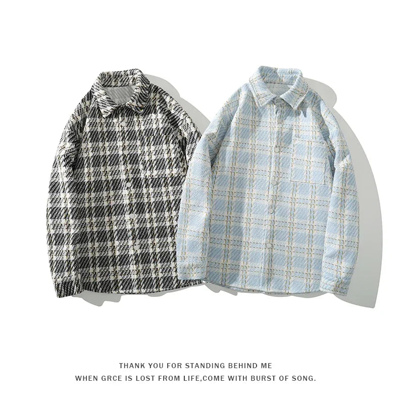 checked pattern cargo jacket coat korean style trendy breasted blouses 2024 spring male long sleeved jackets utility cargo pants
