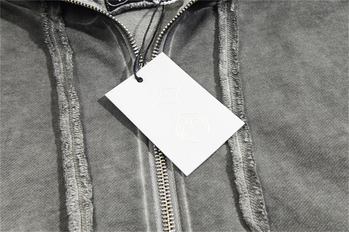new thug club brand fashion high street vibe style cotton oversized splicing zipper washed distressed grey jacket hoodies unique default style 117