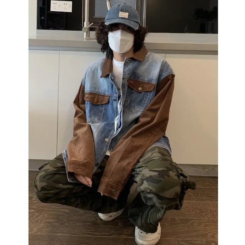 mens patchwork denim jacket spring trend korean retro college lapel color blocked couple coats 2024 high street cowboy cardigan ripped baggy denim
