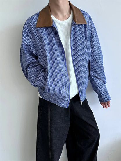 2024 autumn high street plaid jackets for men casual y2k vintage streetwear zipper coats hip hop fashion motorcycle jacket unique default style 1550