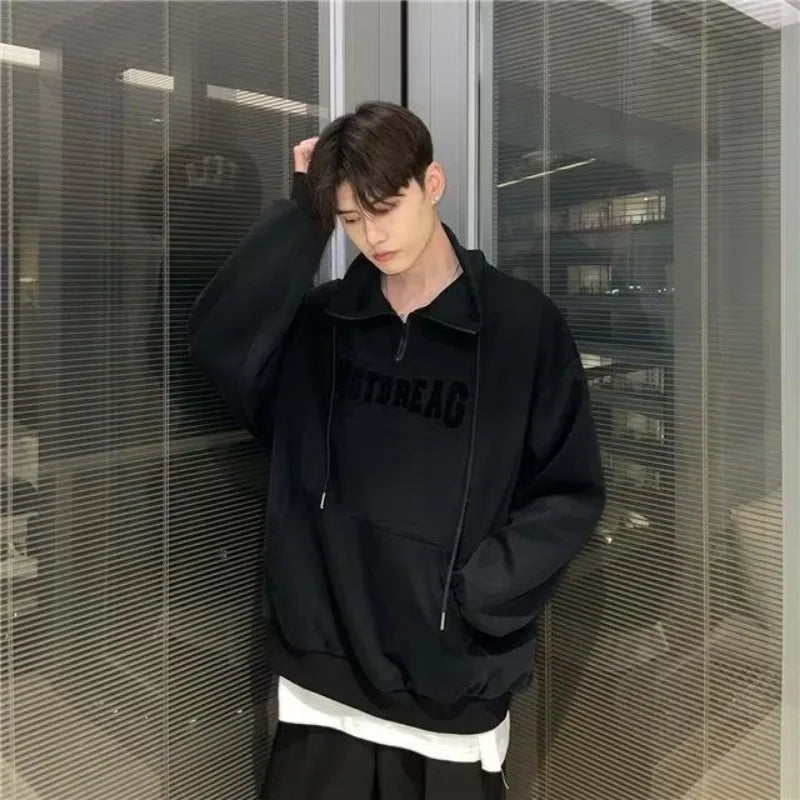 Street Half Zip Hoodie Mens Spring New Vintage Letter Embroidery Loose Sweatshirt Drawstring High Collar Big Pocket Pullover Top Street King Limited