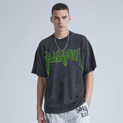 Rainbowtouches Washed Men's T Shirt Vintage Oversized Unisex Dragon Print Design High Street Graphic Fashion Loose Mens T Shirts Street King Limited