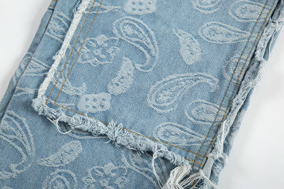 y2k frayed urban cashew flower full print patchwork baggy flare jeans for men straight pantalones hombre oversize denim trousers unique jeans style 3510