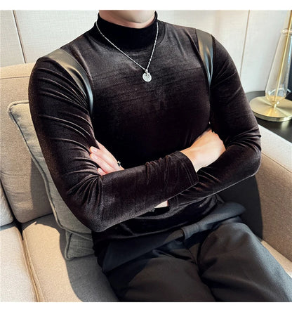 Turtleneck Stretch Slim-fit T-shirt Men Long Sleeve Thicken Elastic Velvet Retro Fashion Casual Tshirt Handsome Man T Shirts Street King Limited