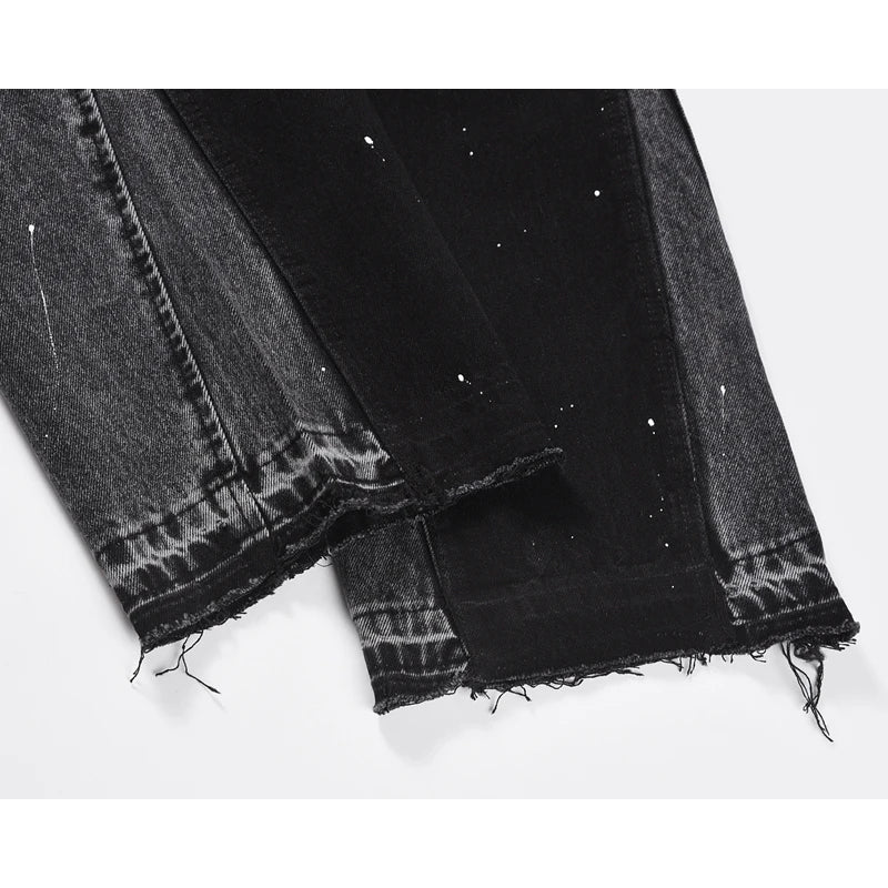 patchwork graffiti black straight denim pants mens vintage patches stitching ink splashed jeans y2k logging cargo pants for male unique cargo style 446