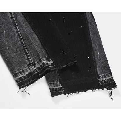 patchwork graffiti black straight denim pants mens vintage patches stitching ink splashed jeans y2k logging cargo pants for male unique cargo style 446