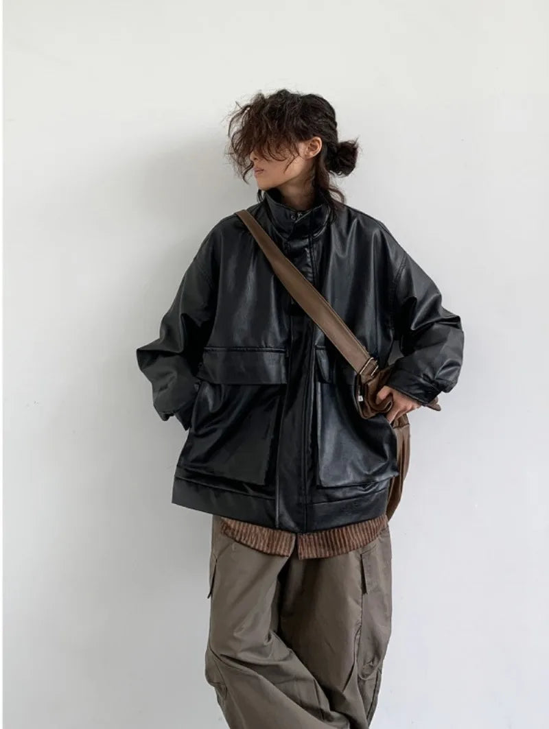 japanese spring pu leather jacket mens high street black profile tooling pilot jacket loose standing collar motorcycle outwear unique default style 2070