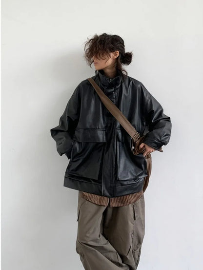 japanese spring pu leather jacket mens high street black profile tooling pilot jacket loose standing collar motorcycle outwear unique default style 2070