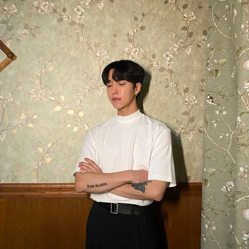 Korean style high-end half turtleneck short-sleeved summer T-shirt for men loose ice-sleeved bottoming shirt y2k trendy ins top Street King Limited