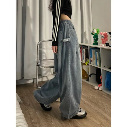american retro trend personalized elastic band straight leg jeans for men and women loose and wide leg floor length casual pants ripped baggy denim