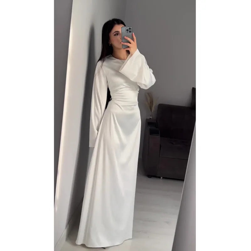 2024 Women Satin Long Dresses Sexy Lace Up Slim Evening Dresses Simple Round Neck Flare Sleeve Birthday Party Dresses For Women Street King Limited