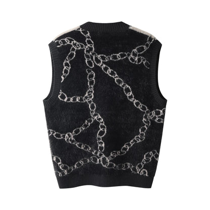 High Street Harajuku Imitation Mink Hair Knitted Vest Chain Color Block V-neck Pullover Sweater Vest Oversized Knitwear Trendy Street King Limited