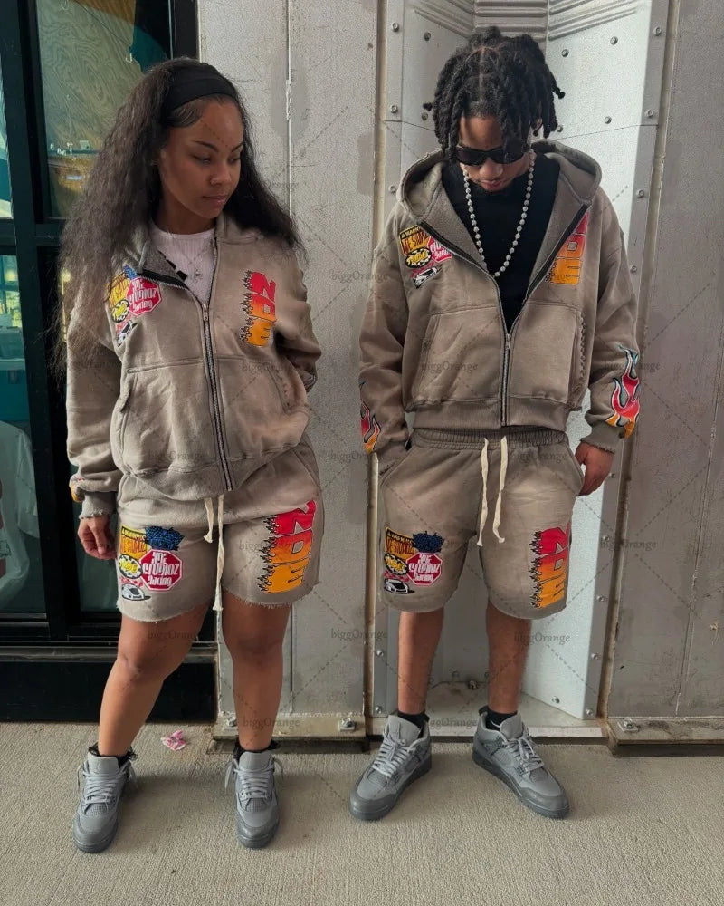 European and American High Street Clothing Y2k Harajuku Fashion Printed Zipper Hoodie Retro Hip-hop Oversized Sweatshirt Men Street King Limited