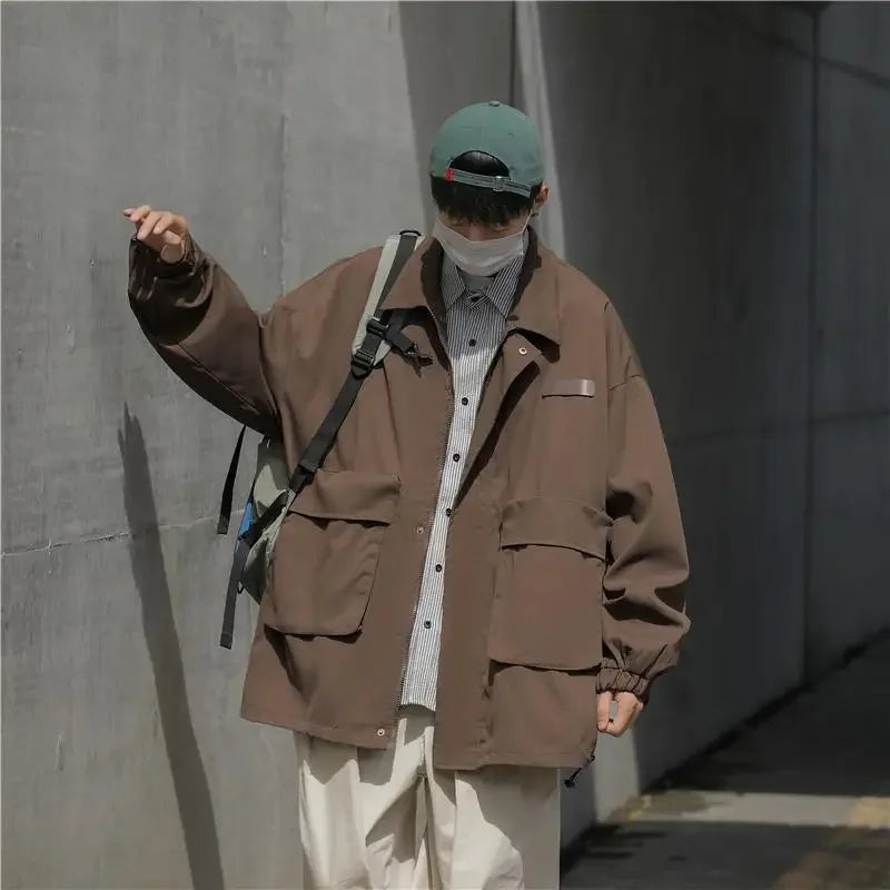 american casual cargo jacket for men autumn streetwear work zipper coat male varsity jackets loose chaquetas hombre clothes baggy cargo bottoms