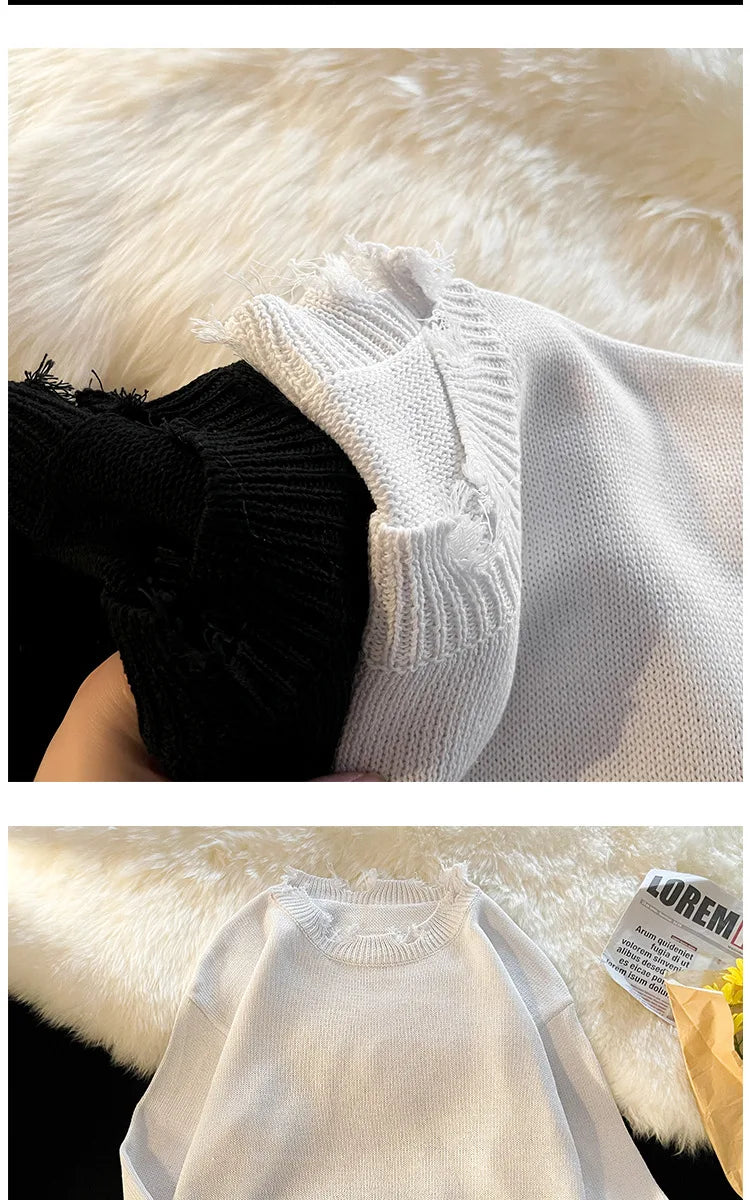 Men White Pullover Sweaters Ripped Harajuku Chic Couple O-neck Knitwear Casual Minimalist Long Sleeve Jumpers Homme Handsome Top Street King Limited