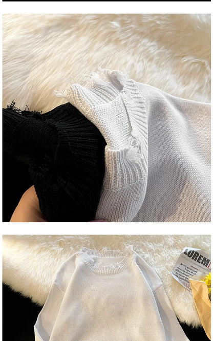 Men White Pullover Sweaters Ripped Harajuku Chic Couple O-neck Knitwear Casual Minimalist Long Sleeve Jumpers Homme Handsome Top Street King Limited