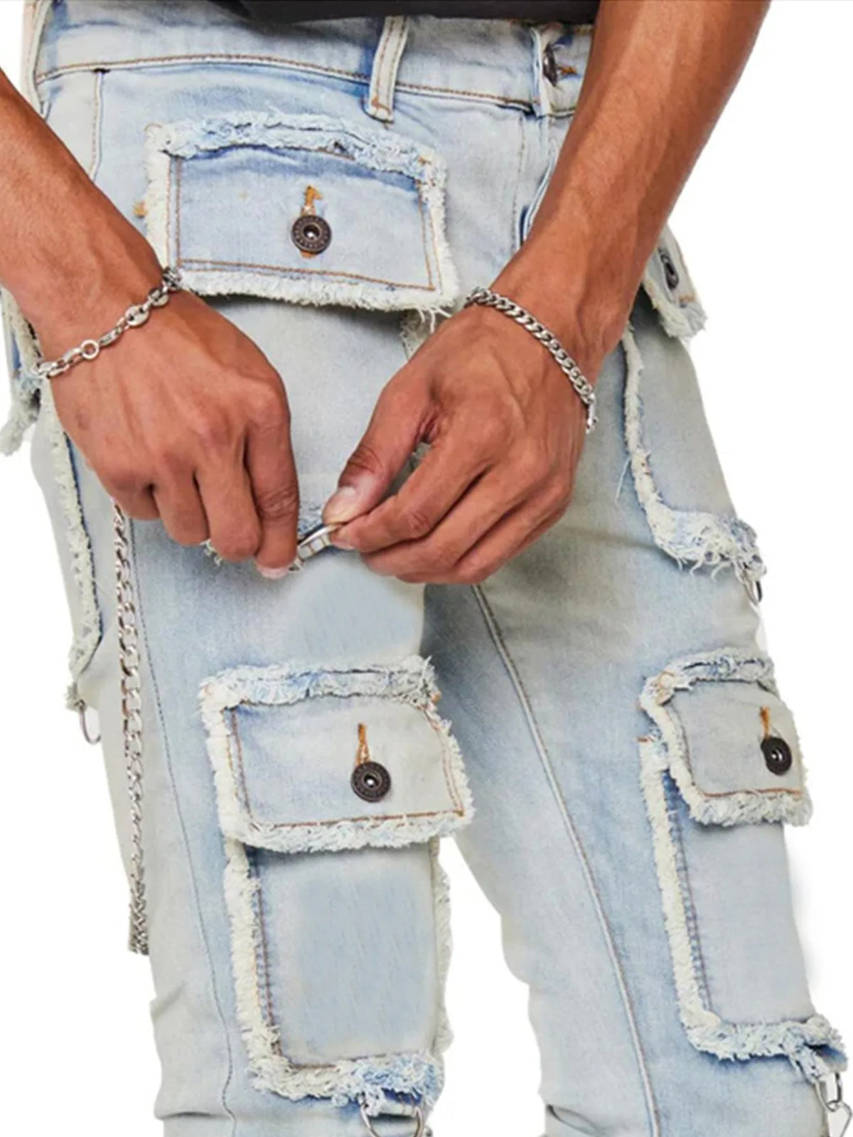 heavy industry multi pockets design denim cargo pants mens streetwear men clothing y2k aesthetic elastic slim fit jeans for man unique cargo style 2556