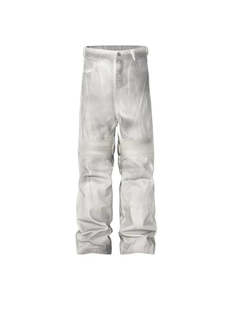 pleat patchwork dir wash racing pants mngu washed distressed white straight overalls dirfit loose trousers clean everyday pants