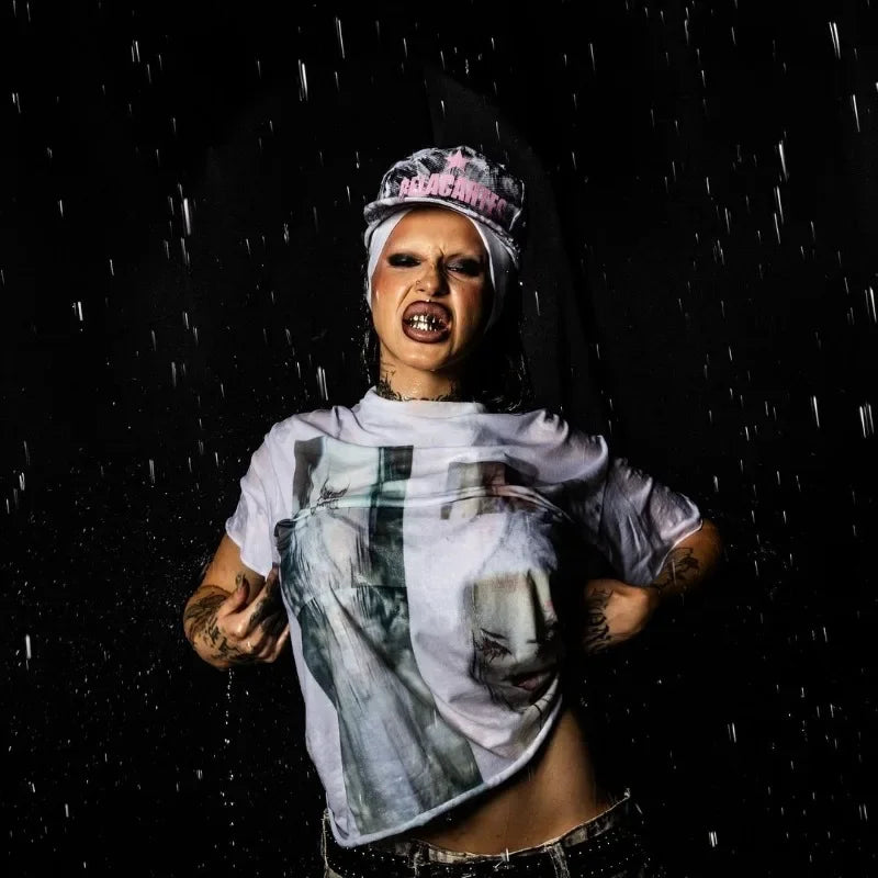 Street Fashion Dark Style Anime Print Oversized Short-sleeved T-shirt Men Y2k Goth Punk Hip-hop Rock Loose Versatile Top Women Street King Limited