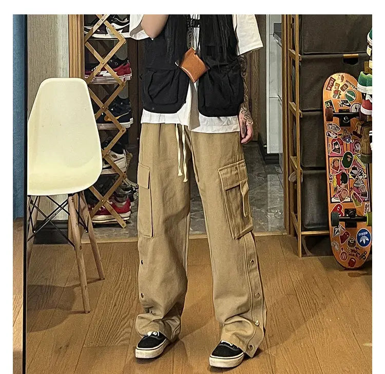 Fashionable Korean style gothic buttoned overalls pants men summer Harajuku street y2k hip hop casual retro sports pants Street King Limited