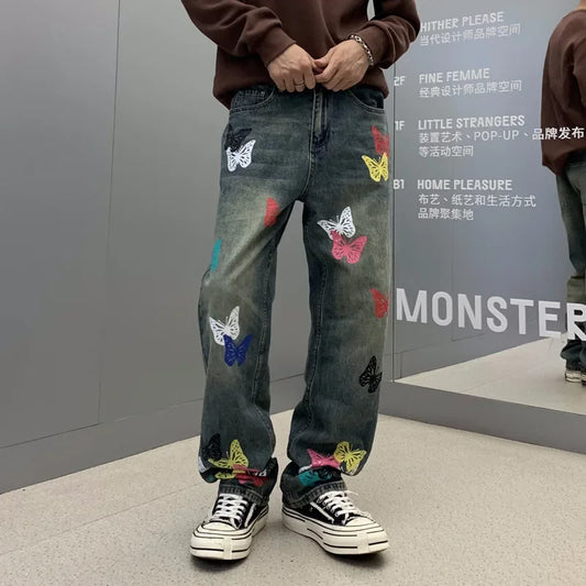 butterfly print jeans men streetwear fashion vibe loose casual hiphop straight washed denim pant jeans cityboy teen trousers stacked flare jeans