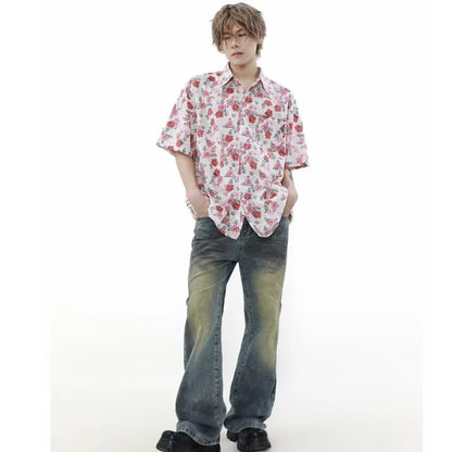 summer harajuku set mens flower print casual short sleeved top gradient straight leg jeans 2 pcs set high street trendy suit unique jeans style 4227