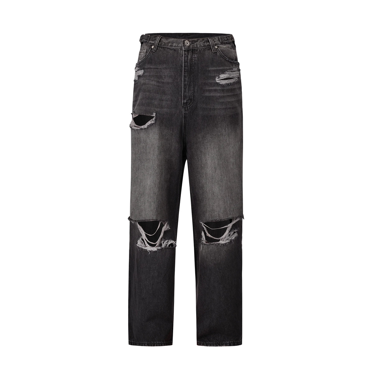 baggy damaged heavy industry washed jeans pants vibe loose casual silhouette straight worn pants knee ripped denim trousers stacked flare jeans