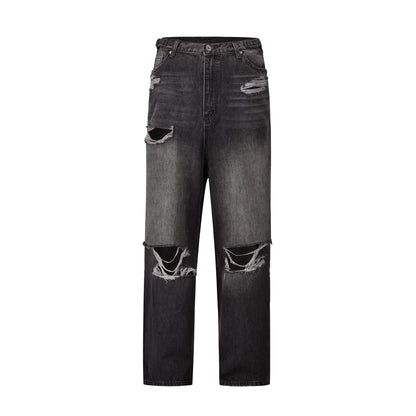 baggy damaged heavy industry washed jeans pants vibe loose casual silhouette straight worn pants knee ripped denim trousers stacked flare jeans