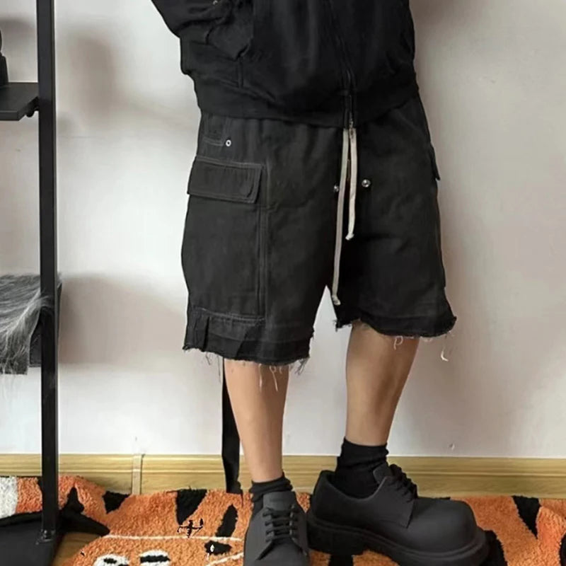 ro style ribbons streetwear multi pockets cargo short for men elastic waist wide leg baggy jeans knee length pants loose overall unique cargo style 4346