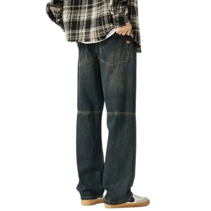american style new retro heavy duty washed straight leg jeans for men and women simple and loose trendy wide leg casual pants ripped baggy denim