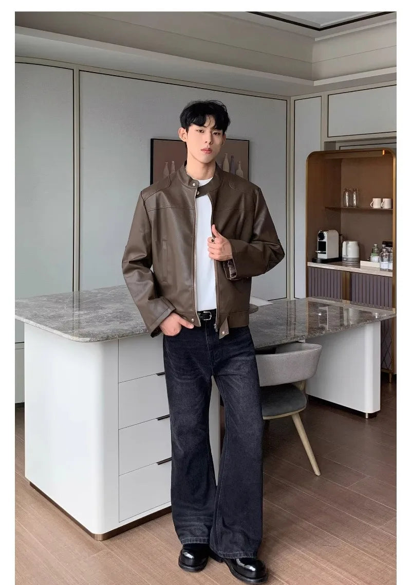 retro american street leather jacket mens autumn 2024 motorcycle standing collar trendy short coat zipper loose bomber outwear unique shorts style 2664