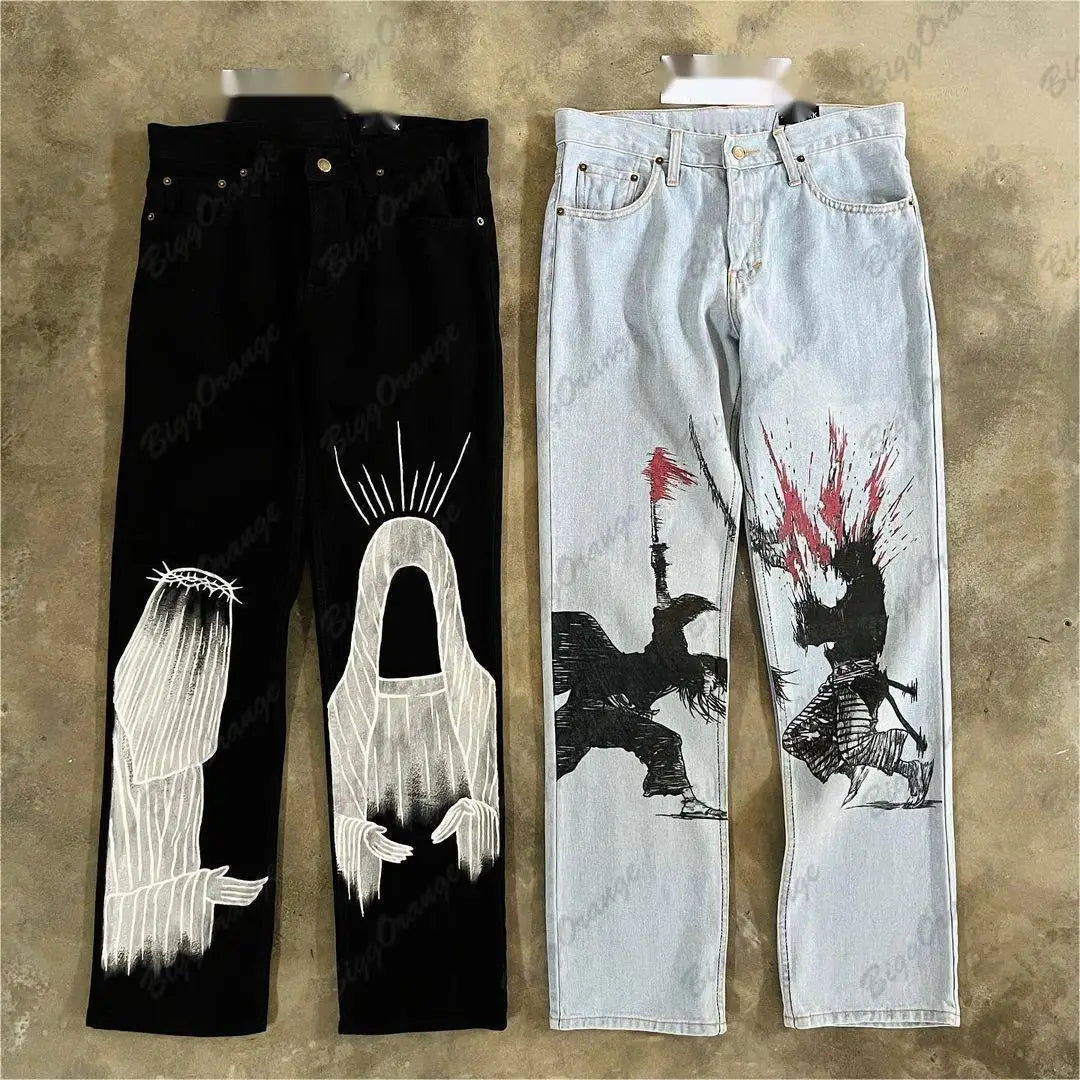 y2k medieval samurai print jeans vintage high street hip hop loose wide leg mens and womens trousers baggy jeans women vintage washed jeans